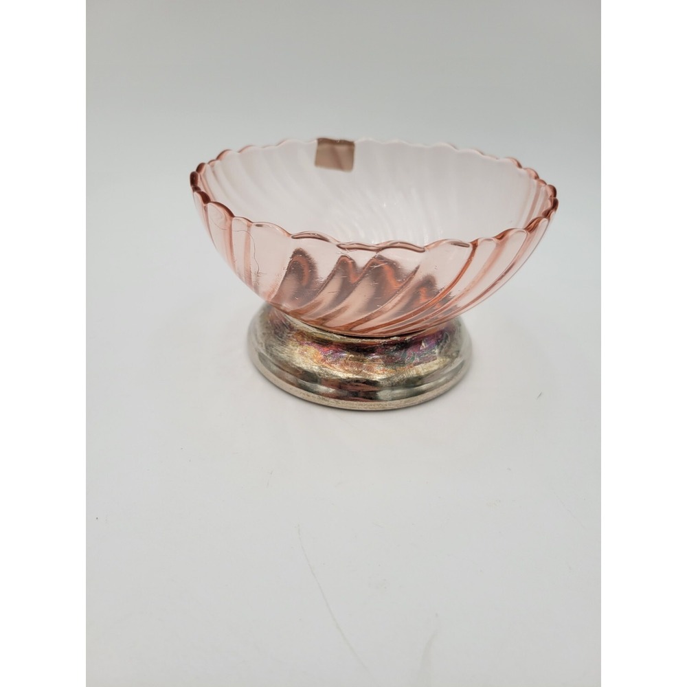 Arcoroc France Rosaline Swirl Pink Glass candy nut dish Bowl Silver Base